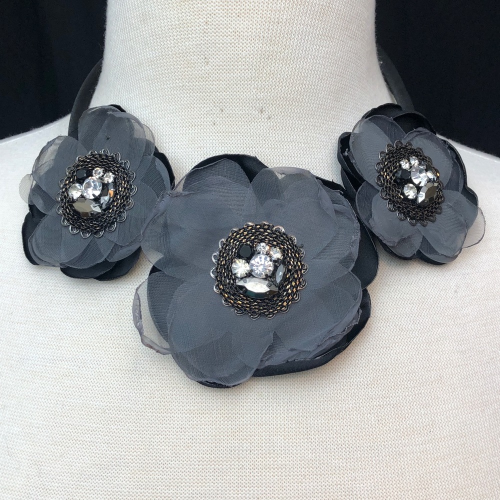 Black Chunky Flower Trio Handmade Fabric Necklace